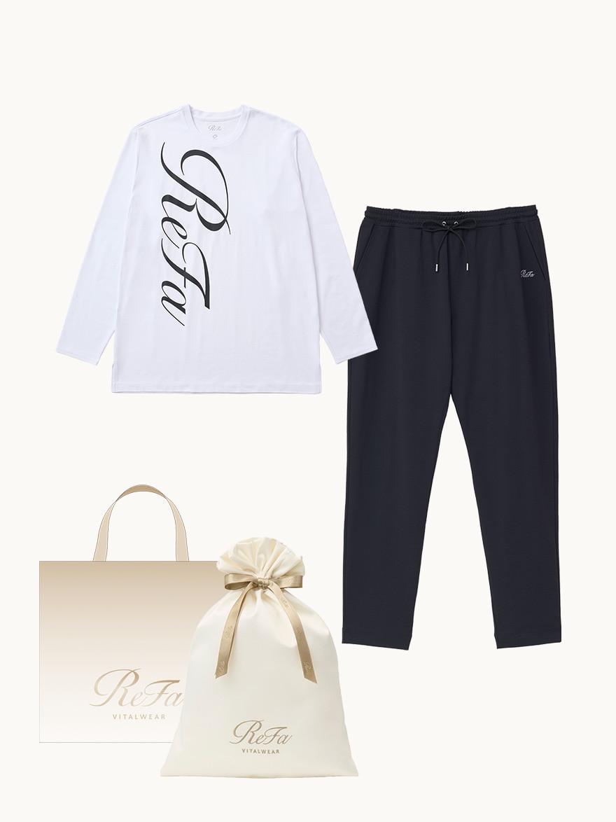 【ReFa VITALWEARギフトラッピングセットL & ショッパーM】リファ バイタルテック コンフォートジャージー クルーネックロングTシャツ リファロゴ ホワイト S & リファ バイタルテック コンフォートジャージー テーパードパンツ ブラック S