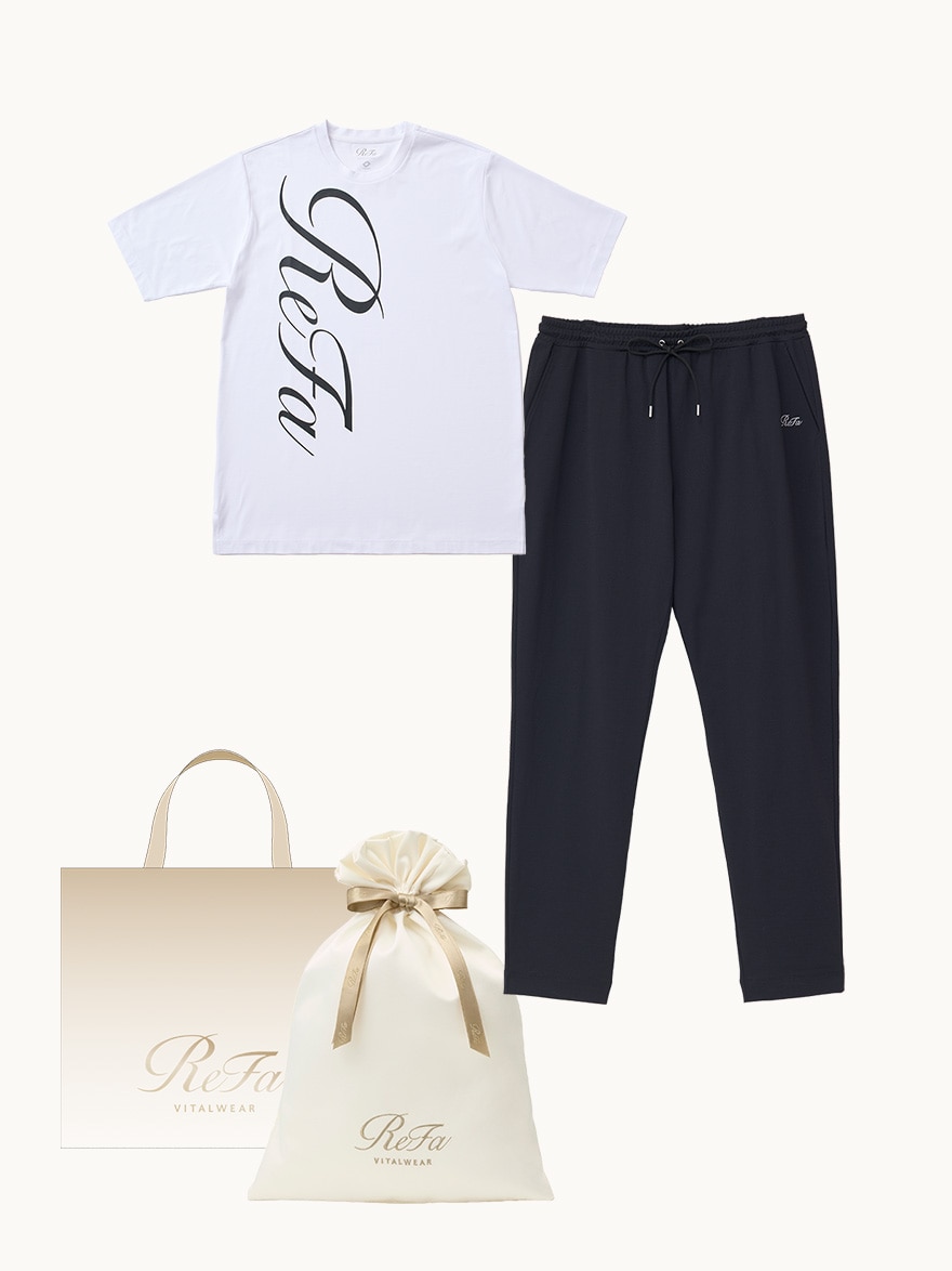 【ReFa VITALWEARギフトラッピングセットL & ショッパーM】リファ バイタルテック コンフォートジャージー クルーネックTシャツ リファロゴ ホワイト S & リファ バイタルテック コンフォートジャージー テーパードパンツ ブラック S