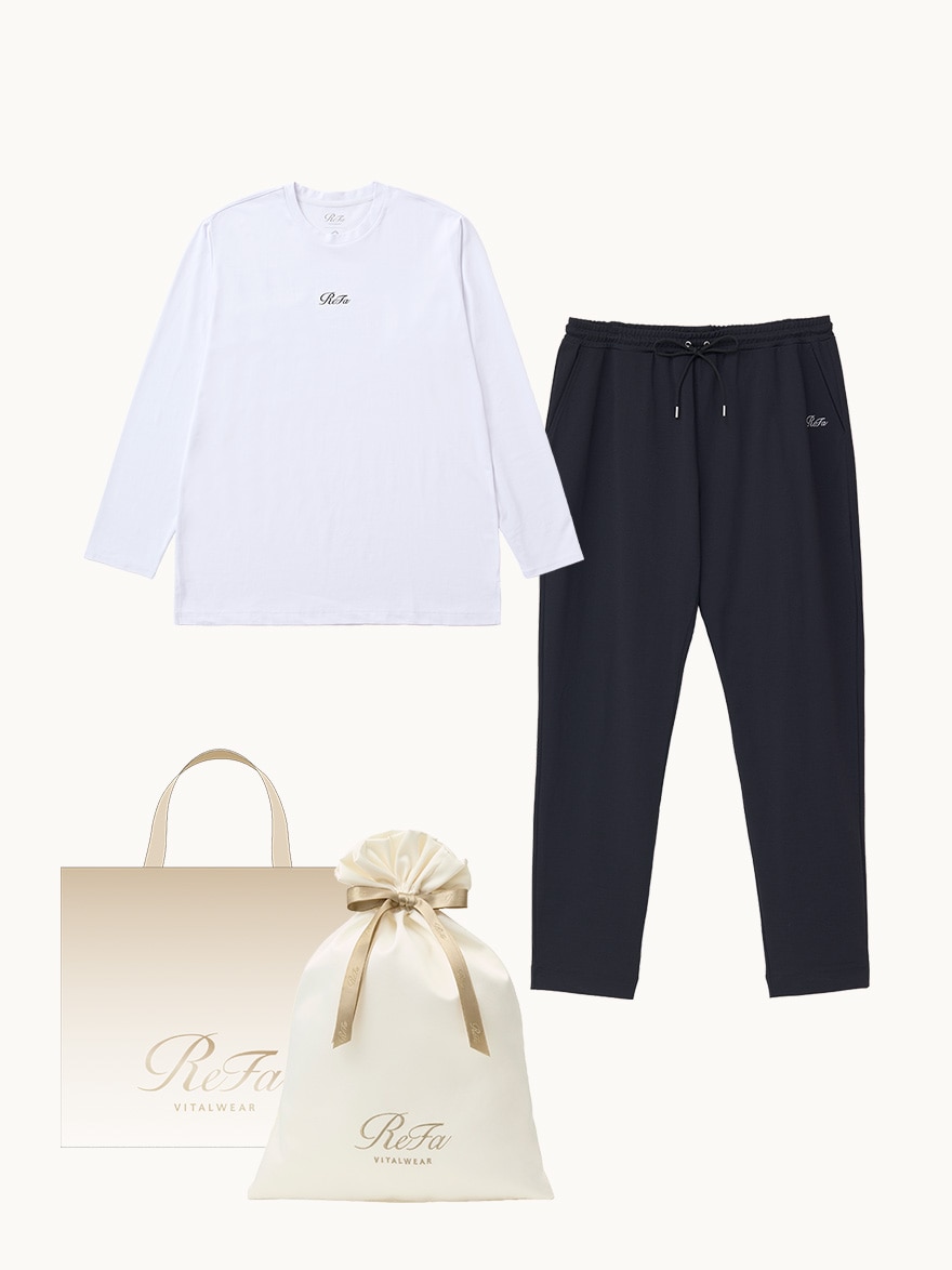 【ReFa VITALWEARギフトラッピングセットL & ショッパーM】リファ バイタルテック コンフォートジャージー クルーネックロングTシャツ ホワイト S & リファ バイタルテック コンフォートジャージー テーパードパンツ ブラック S