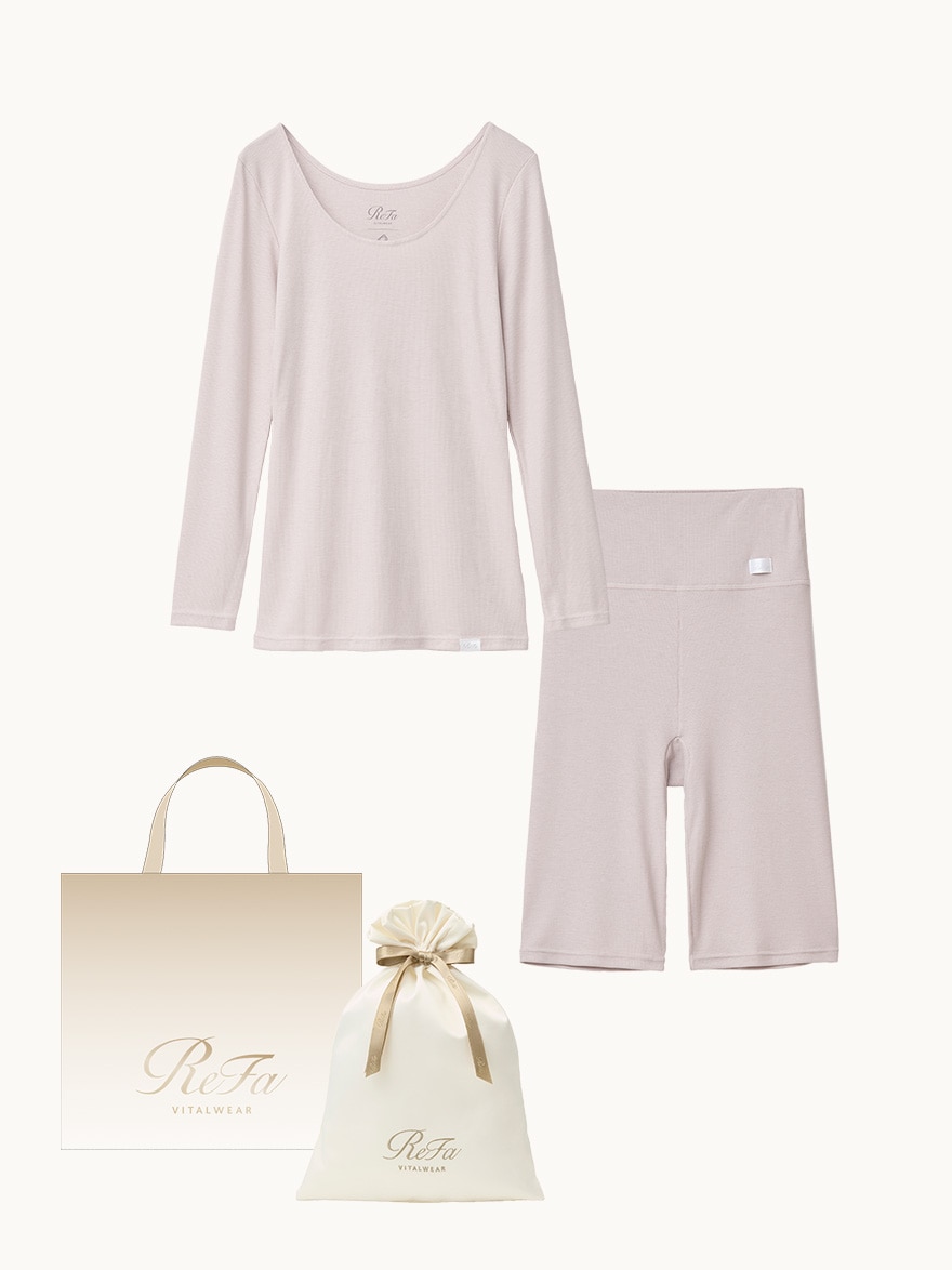 【ReFa VITALWEARギフトラッピングセットM & ショッパーM】リファ バイタルテック モイストリブ Uネックロングスリーブインナー ベージュ M & リファ バイタルテック モイストリブ オーバーパンツ ベージュ M