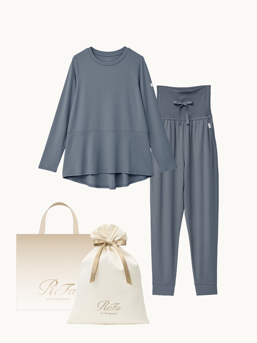 【ReFa VITALWEARギフトラッピングセットL & ショッパーM】リファ バイタルテック モイストスムース ロングスリーブプルオーバー ダークグレー SS & リファ バイタルテック モイストスムース ジョガーパンツ ダークグレー SS