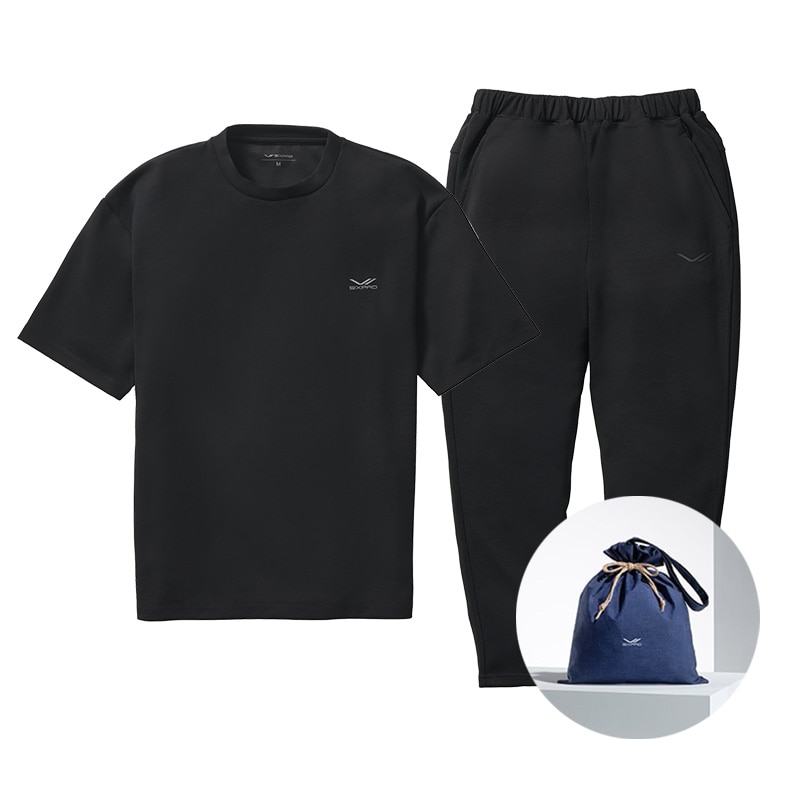 シックスパッド リカバリーウェア オーバーサイズTシャツ ブラック S ＆ シックスパッド リカバリーウェア テーパードパンツ ブラック S ＆ ギフト巾着バッグセット